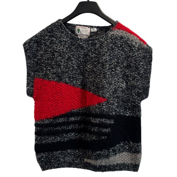 Vintage Organically Grown Hand Knit Sweater Vest M 80s Triangle Abstract Made in - Picture 1 of 4
